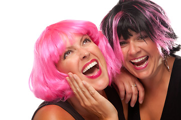Image showing Portrait of Two Pink And Black Haired Smiling Girls
