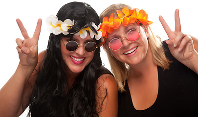 Image showing Two Beautiful Hippie Girls with Peace Signs