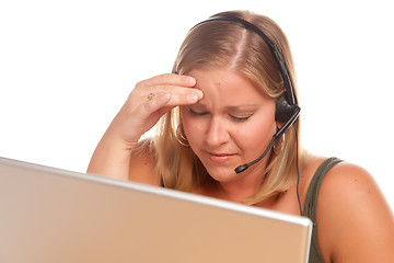 Image showing Fatigued Customer Support Woman with Headset