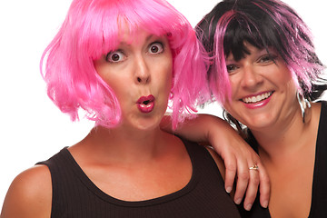 Image showing Portrait of Two Pink And Black Haired Smiling Girls