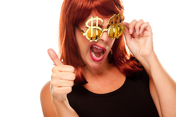 Image showing Red Haired Girl with Bling-Bling Dollar Glasses