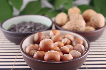 Image showing Wood nuts in cup on bamboo napkin