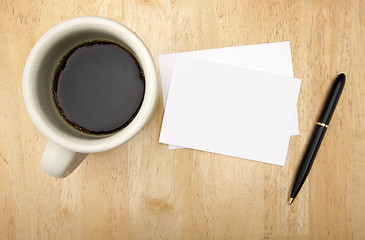 Image showing Blank Note Card, Pen and Coffee