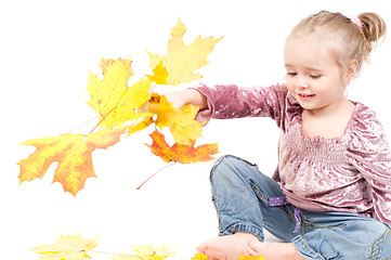 Image showing Toddler with maple leaves