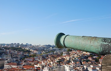 Image showing Cityscape of Lisbon in Portugal with cannon weapon