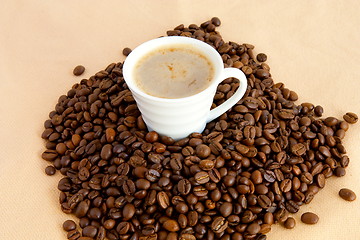 Image showing Cup with coffee, costing on coffee grain