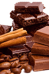 Image showing chocolate, coffee and cinnamon sticks