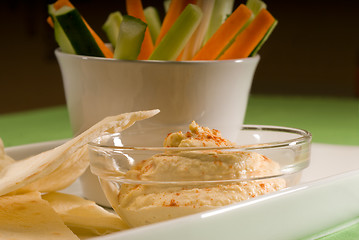 Image showing hummus dip with pita brad and vegetable