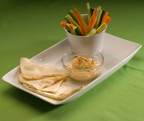 Image showing hummus dip with pita brad and vegetable