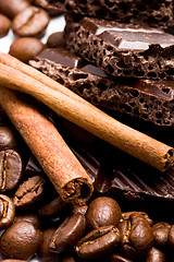 Image showing chocolate, coffee and cinnamon sticks