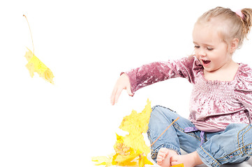 Image showing Toddler with maple leaves