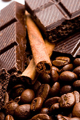 Image showing chocolate, coffee and cinnamon sticks