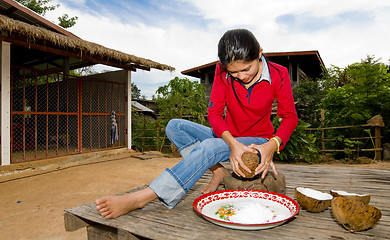Image showing thai girl removing coconut meat from shell