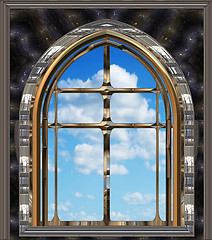 Image showing gothic or scifi window with blue sky