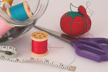 Image showing Sewing thread, tape, scissors and pin cushion