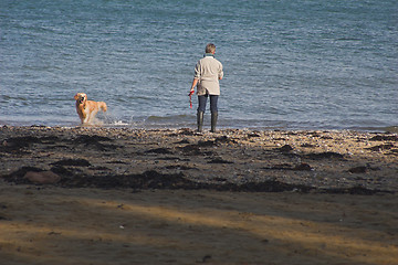 Image showing woman & dog on playing on the seashore