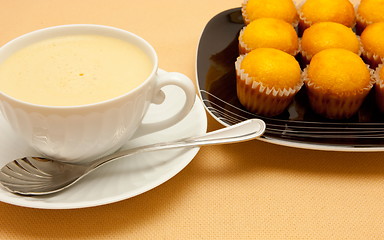 Image showing Closeup of coffee with milk in white cup