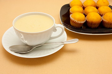 Image showing Closeup of coffee with milk in white cup