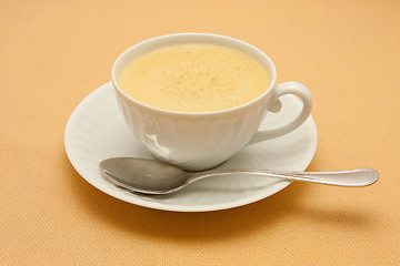 Image showing Closeup of coffee with milk in white cup