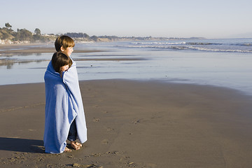 Image showing Kids in Blanket at Beach