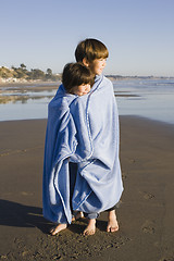 Image showing Kids in Blanket at Beach