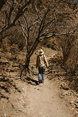 Image showing A man with a hat walking up the hillside in Mexican desert