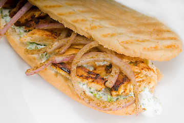Image showing chicken and onion grilled panini sandwich