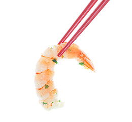 Image showing Shrimp in Red Chopsticks