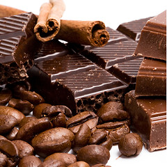 Image showing chocolate, coffee and cinnamon sticks