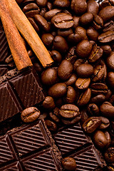 Image showing chocolate, coffee and cinnamon sticks