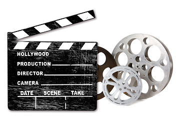 Image showing Empty Hollywood Film Canisters and Clapper on White
