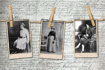 Image showing Photographs of 3 Vintage Era Women Hanging on a Rope