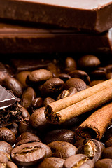 Image showing chocolate, coffee and cinnamon sticks