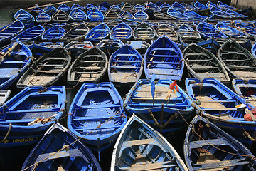 Image showing Blue fishing boats in Essaouira port, Morocco