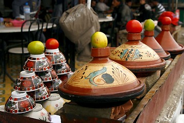 Image showing Berber tajines cooking on the market, Morocco