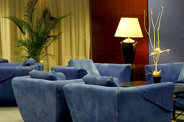 Image showing Hotel lobby with comfortable blue couches