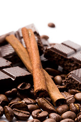 Image showing chocolate, coffee and cinnamon sticks