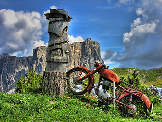 Image showing Old Motorbike, Dolomites Mountains, Italy, Summer 2009