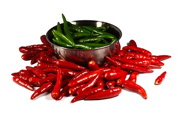 Image showing Red and Green Spicy chili pepper in the plate