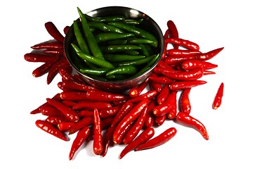 Image showing Red and Green Spicy chili pepper in the plate