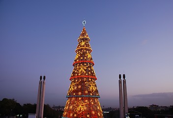 Image showing Beautiful tall Christmas tree in Lisbon (at sunset)