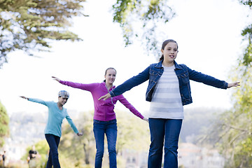 Image showing 3 Tween Girl Balancing On Wall By Pond