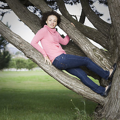 Image showing Young Woman Sitting in Tree