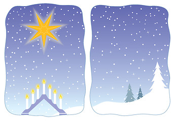 Image showing Advent star decorating a snowy window