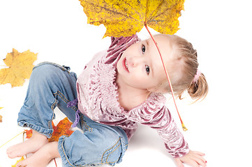 Image showing Toddler with maple leaves