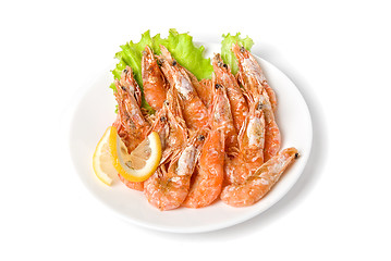 Image showing tasty shrimp with lemon and lettuce 