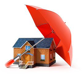 Image showing red umbrella protecting house from rain