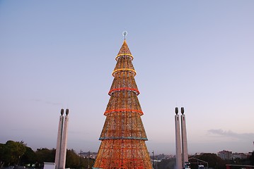 Image showing Beautiful tall Christmas tree in Lisbon (at sunset)