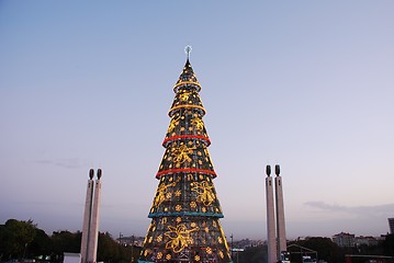 Image showing Beautiful tall Christmas tree in Lisbon (at sunset)