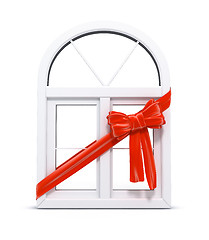 Image showing Plastic window with red ribbon gift